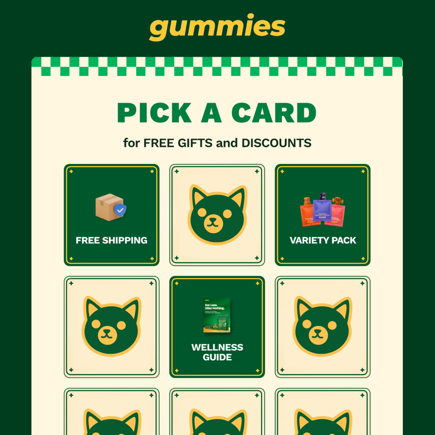 A Flip to Win game board on a store called Gummies: a nine card grid with free shipping, a variety pack and a wellness guide revealed.