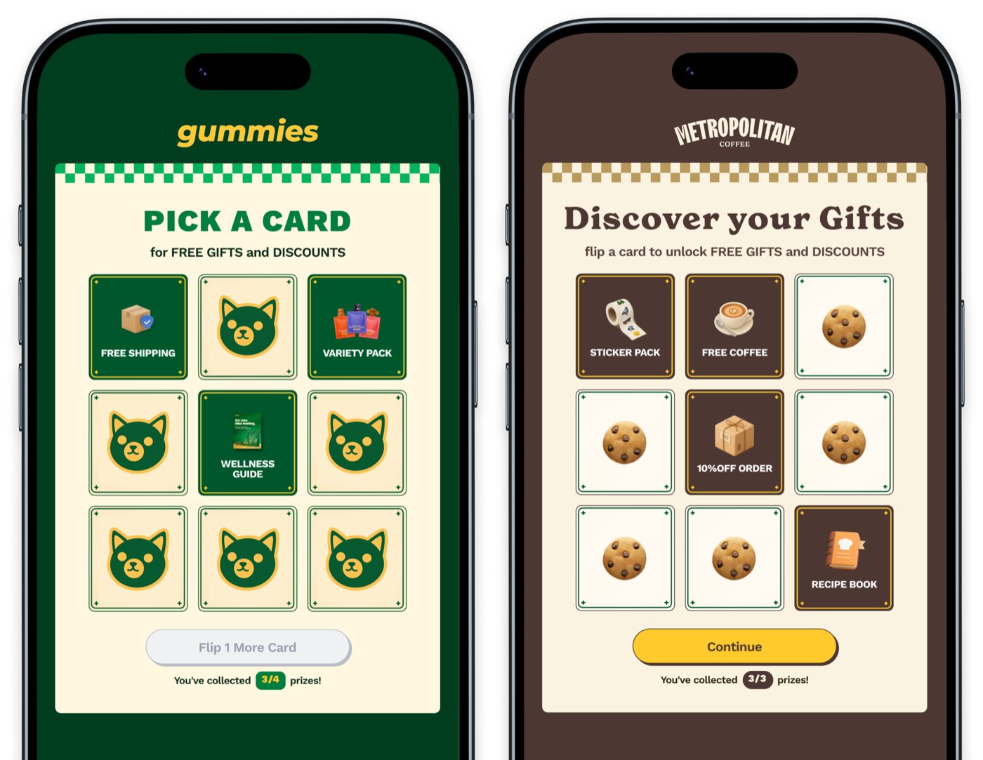 Two phones showing Flip to Win game boards, each styled in a different brand's colours, fonts and card artwork.
