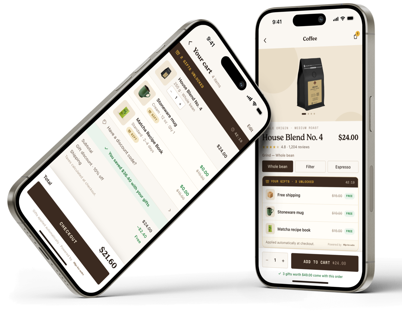 A product page and cart on two phones, showing the collected gifts applied at $0 and holding through checkout.